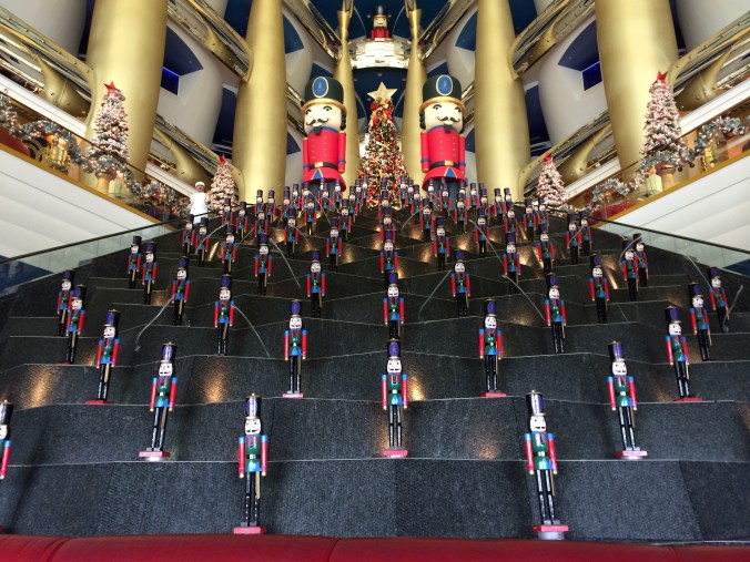 An army of nutcrackers awaited us inside the lobby of the Burj Al Arab.  Luckily, they were only a display, or else nuts everywhere would have fled before their might.